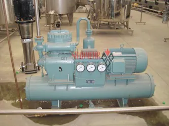 Green refrigeration unit with compressor pressure gauges and a motor