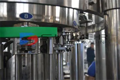 Numbered filling head and green bottle guide of a carbonated drink filler