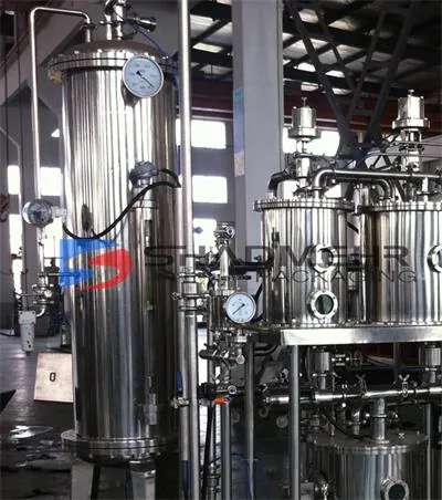Carbonation mixing skid with stainless steel tanks and pressure gauges