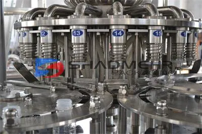 Numbered stainless steel heads on a hot filling machine