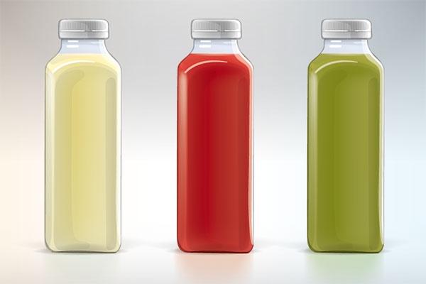 Juice bottles in three colours