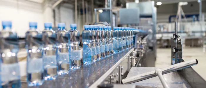 Pure water bottling line in a production hall
