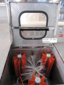 Open lid revealing brushes in a semiautomatic container washer