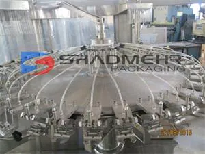 Water bottle rinsing carousel with curved hoses and bottle holders